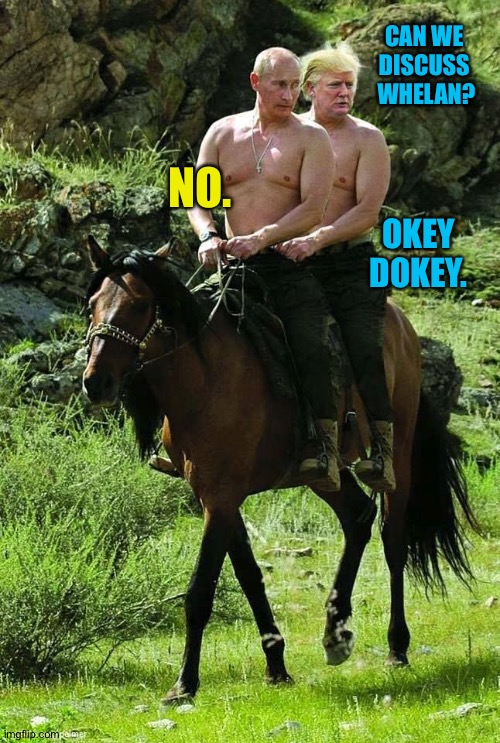 The question Trumpanzees never asked and won't answer | CAN WE 
DISCUSS 
WHELAN? NO. OKEY DOKEY. | image tagged in trump putin | made w/ Imgflip meme maker