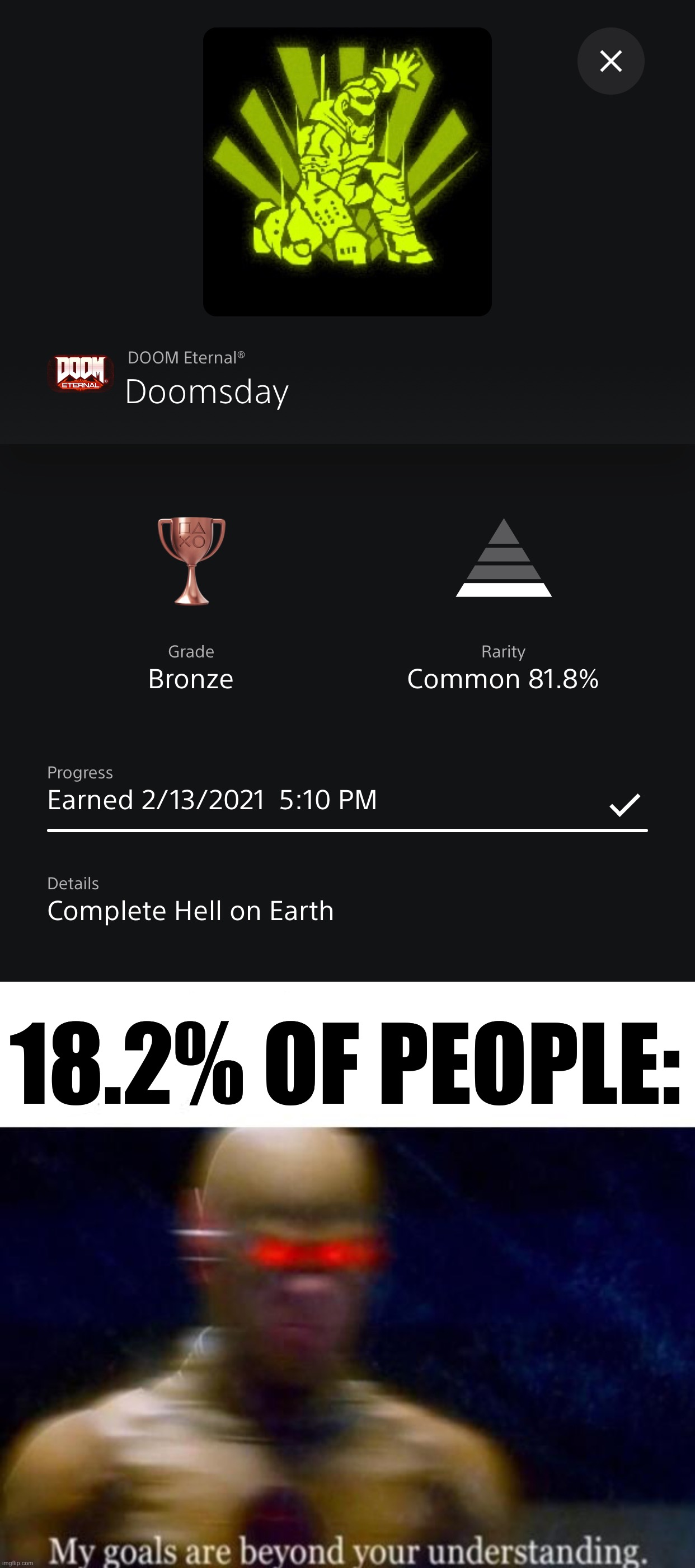 How do you not beat hell on earth ? | 18.2% OF PEOPLE: | image tagged in my goals are beyond your understanding,doom eternal,why are you reading the tags,barney will eat all of your delectable biscuits | made w/ Imgflip meme maker