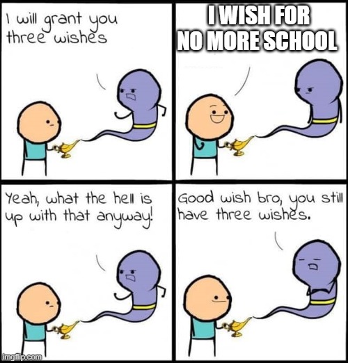 School meme | I WISH FOR NO MORE SCHOOL | image tagged in i will grant you three wishes | made w/ Imgflip meme maker