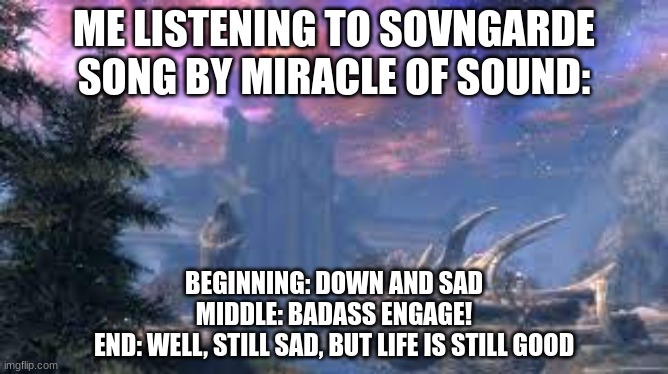 Music affects me strongly | ME LISTENING TO SOVNGARDE SONG BY MIRACLE OF SOUND:; BEGINNING: DOWN AND SAD
MIDDLE: BADASS ENGAGE!
END: WELL, STILL SAD, BUT LIFE IS STILL GOOD | image tagged in skyrim,music,awesome | made w/ Imgflip meme maker