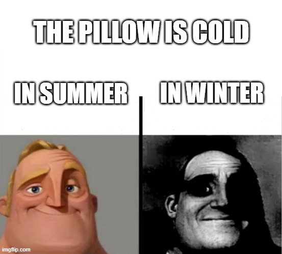 OOF | THE PILLOW IS COLD; IN WINTER; IN SUMMER | image tagged in teacher's copy | made w/ Imgflip meme maker