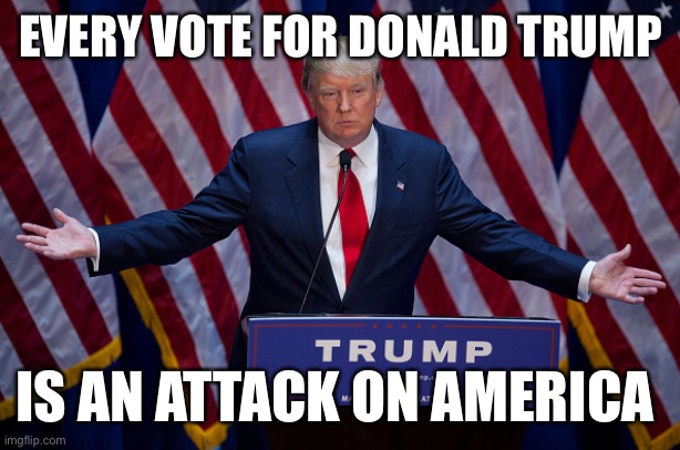 Donald Trump | EVERY VOTE FOR DONALD TRUMP; IS AN ATTACK ON AMERICA | image tagged in donald trump | made w/ Imgflip meme maker