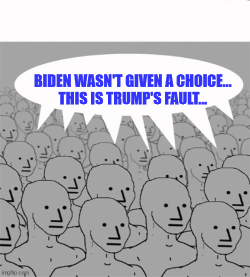 NPCProgramScreed | BIDEN WASN'T GIVEN A CHOICE...

THIS IS TRUMP'S FAULT... | image tagged in npcprogramscreed | made w/ Imgflip meme maker