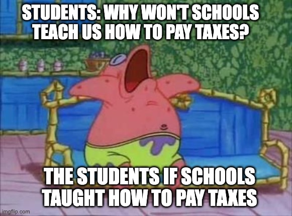 patrick sleeping 1 panel | STUDENTS: WHY WON'T SCHOOLS TEACH US HOW TO PAY TAXES? THE STUDENTS IF SCHOOLS TAUGHT HOW TO PAY TAXES | image tagged in patrick sleeping 1 panel | made w/ Imgflip meme maker