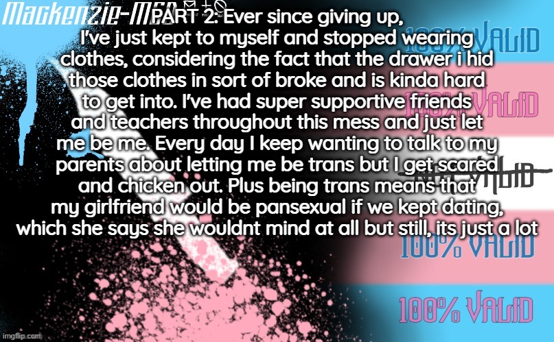 part 2 | PART 2: Ever since giving up, I've just kept to myself and stopped wearing clothes, considering the fact that the drawer i hid those clothes in sort of broke and is kinda hard to get into. I've had super supportive friends and teachers throughout this mess and just let me be me. Every day I keep wanting to talk to my parents about letting me be trans but I get scared and chicken out. Plus being trans means that my girlfriend would be pansexual if we kept dating, which she says she wouldnt mind at all but still, its just a lot | image tagged in transgender template | made w/ Imgflip meme maker