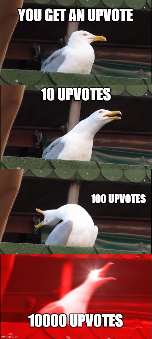 Inhaling Seagull Meme | YOU GET AN UPVOTE; 10 UPVOTES; 100 UPVOTES; 10000 UPVOTES | image tagged in memes,inhaling seagull | made w/ Imgflip meme maker