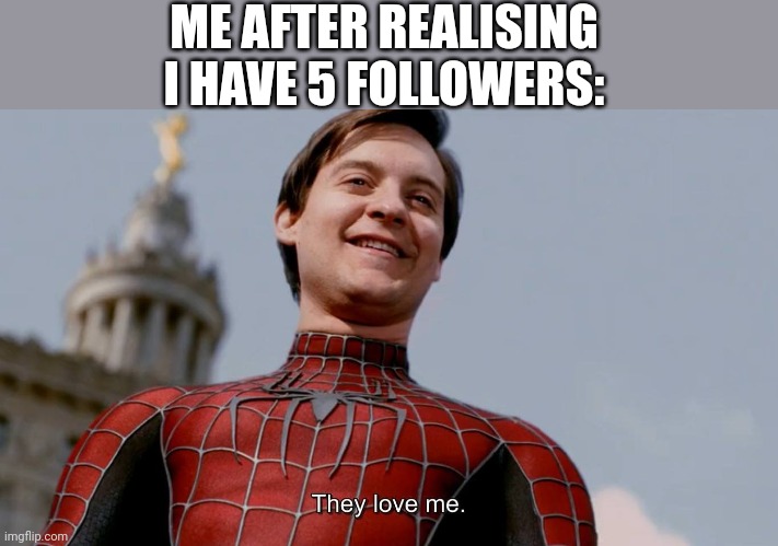 No but seriously who are you guys lmao | ME AFTER REALISING I HAVE 5 FOLLOWERS: | image tagged in spider man they all love me | made w/ Imgflip meme maker