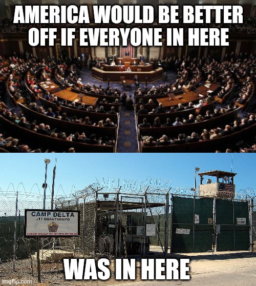 At least 95% of them. | AMERICA WOULD BE BETTER OFF IF EVERYONE IN HERE; WAS IN HERE | image tagged in congress,gitmo | made w/ Imgflip meme maker