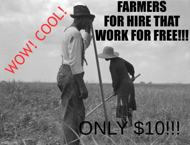 18th century commercials be like | FARMERS FOR HIRE THAT WORK FOR FREE!!! WOW! COOL! ONLY $10!!! | made w/ Imgflip meme maker