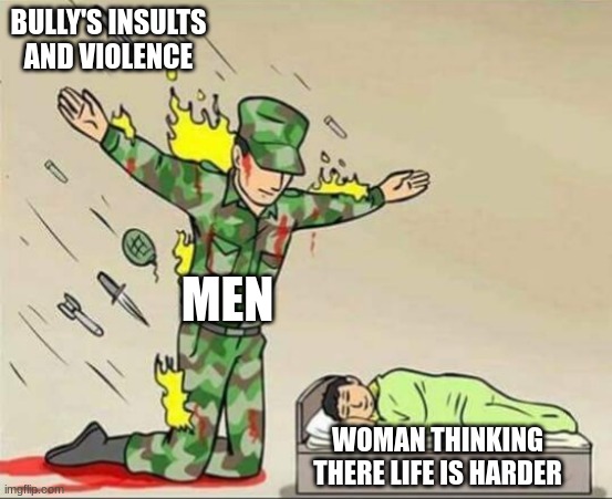 who can relate? | BULLY'S INSULTS AND VIOLENCE; MEN; WOMAN THINKING THERE LIFE IS HARDER | image tagged in soldier protecting sleeping child | made w/ Imgflip meme maker