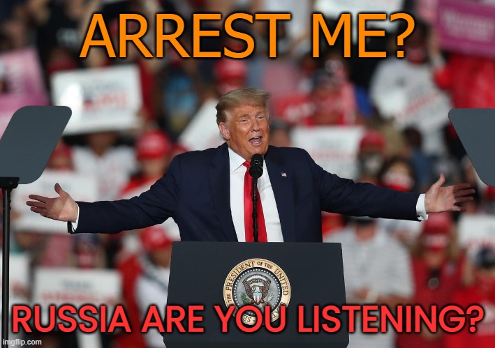 Trump open arms goofy stupid silly lying | ARREST ME? RUSSIA ARE YOU LISTENING? | image tagged in trump open arms goofy stupid silly lying | made w/ Imgflip meme maker
