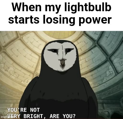 You're not very bright, are you? | When my lightbulb starts losing power | image tagged in you're not very bright are you | made w/ Imgflip meme maker