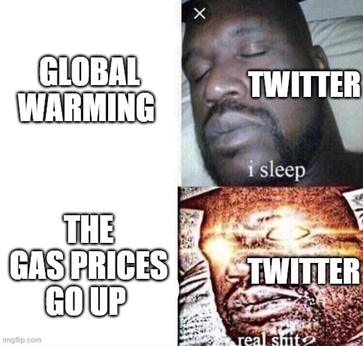 Twitter | GLOBAL WARMING; TWITTER; THE GAS PRICES GO UP; TWITTER | image tagged in i sleep real shit,twitter,meme,why are you reading the tags,why | made w/ Imgflip meme maker
