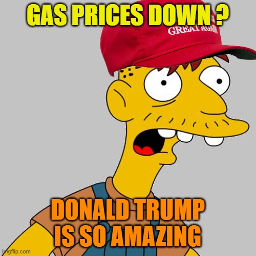 cletus | GAS PRICES DOWN ? DONALD TRUMP IS SO AMAZING | image tagged in cletus | made w/ Imgflip meme maker