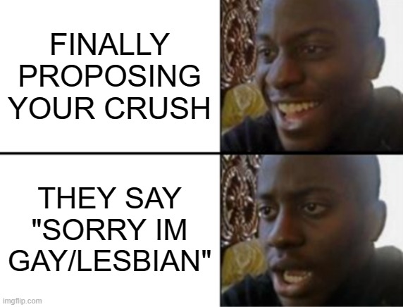 the class: now that's alot of damage | FINALLY PROPOSING YOUR CRUSH; THEY SAY
"SORRY IM GAY/LESBIAN" | image tagged in oh yeah oh no | made w/ Imgflip meme maker