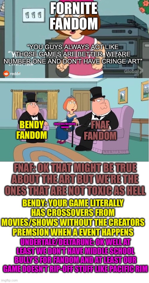 Here’s your proof |  FORNITE FANDOM; “YOU GUYS ALWAYS ACT LIKE THOSE GAMES ARE BETTER, WE ARE NUMBER ONE AND DON’T HAVE CRINGE ART”; UNDERTALE/DELTARUNE FANDOM; FNAF FANDOM; BENDY FANDOM; FNAF: OK THAT MIGHT BE TRUE ABOUT THE ART BUT WE’RE THE ONES THAT ARE NOT TOXIC AS HELL; BENDY: YOUR GAME LITERALLY HAS CROSSOVERS FROM MOVIES/SHOWS WITHOUT THE CREATORS PREMSION WHEN A EVENT HAPPENS; UNDERTALE/DELTARUNE: OK WELL AT LEAST WE DON’T HAVE MIDDLE SCHOOL BULLY’S FOR FANDOM AND AT LEAST OUR GAME DOESN’T RIP-OFF STUFF LIKE PACIFIC RIM | image tagged in you guys always act like you're better than me,fnaf,undertale,deltarune,bendy and the ink machine,fortnite sucks | made w/ Imgflip meme maker