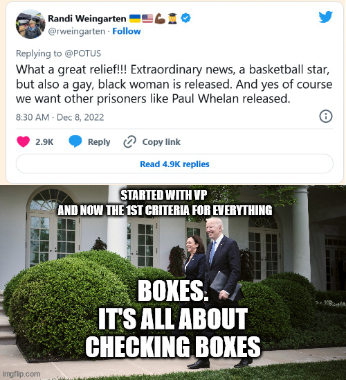 STARTED WITH VP 
AND NOW THE 1ST CRITERIA FOR EVERYTHING; BOXES.
IT'S ALL ABOUT
CHECKING BOXES | image tagged in biden,liberal logic,bias,discrimination | made w/ Imgflip meme maker