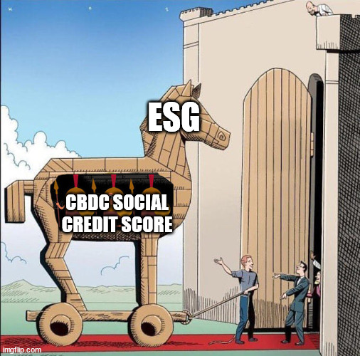 Trojan Horse | ESG; CBDC SOCIAL CREDIT SCORE | image tagged in trojan horse | made w/ Imgflip meme maker