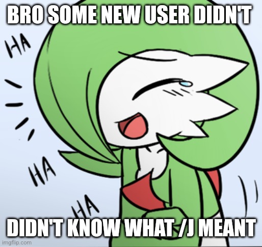 Bruh [skull emoji] | BRO SOME NEW USER DIDN'T; DIDN'T KNOW WHAT /J MEANT | image tagged in laughing gardevoir | made w/ Imgflip meme maker