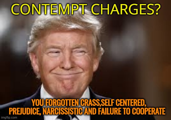 Drag him in people! | CONTEMPT CHARGES? YOU FORGOTTEN CRASS,SELF CENTERED, PREJUDICE, NARCISSISTIC AND FAILURE TO COOPERATE | image tagged in donald trump,maga,crime,political meme,republicans | made w/ Imgflip meme maker