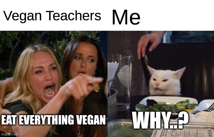 Vegan Teachers | Vegan Teachers; Me; EAT EVERYTHING VEGAN; WHY..? | image tagged in memes,woman yelling at cat | made w/ Imgflip meme maker