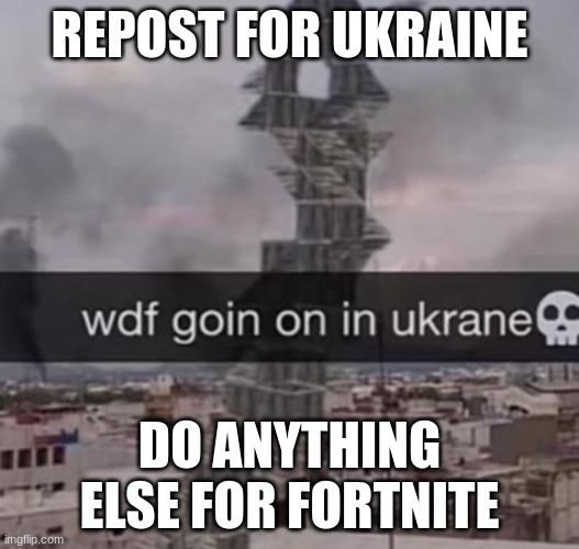 wdf goin on in ukrane? | REPOST FOR UKRAINE; DO ANYTHING ELSE FOR FORTNITE | image tagged in wdf goin on in ukrane | made w/ Imgflip meme maker