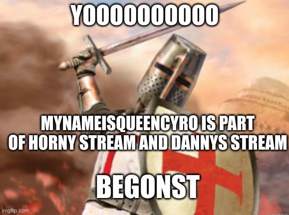 crusader | YOOOOOOOOOO; MYNAMEISQUEENCYRO IS PART OF HORNY STREAM AND DANNYS STREAM; BEGONST | image tagged in crusader | made w/ Imgflip meme maker