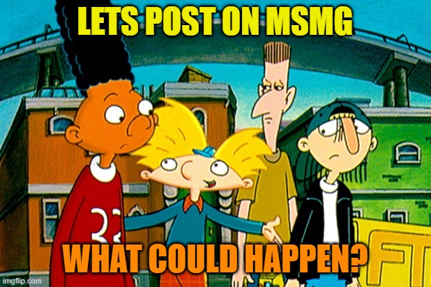 hey Arnold | LETS POST ON MSMG; WHAT COULD HAPPEN? | image tagged in hey arnold | made w/ Imgflip meme maker