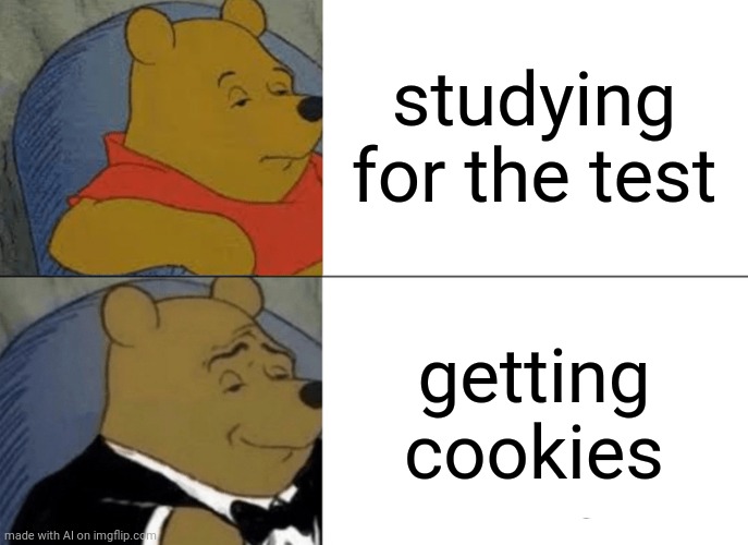 Tuxedo Winnie The Pooh | studying for the test; getting cookies | image tagged in memes,tuxedo winnie the pooh | made w/ Imgflip meme maker