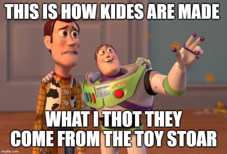 X, X Everywhere | THIS IS HOW KIDES ARE MADE; WHAT I THOT THEY COME FROM THE TOY STOAR | image tagged in memes,x x everywhere | made w/ Imgflip meme maker