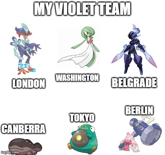 my violet team | MY VIOLET TEAM; BELGRADE; WASHINGTON; LONDON; BERLIN; TOKYO; CANBERRA | image tagged in i have no idea what i am doing | made w/ Imgflip meme maker