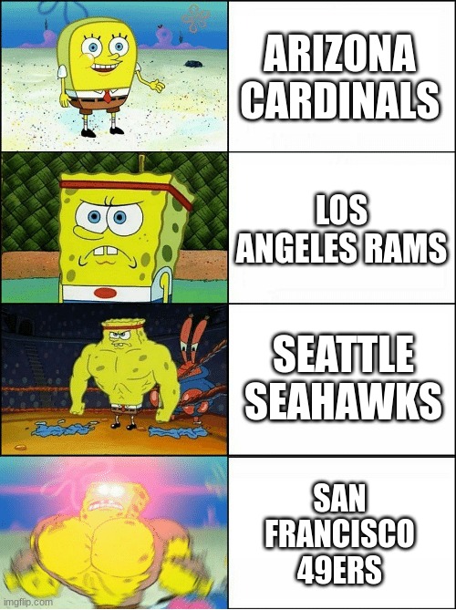 NFC West Be like | ARIZONA CARDINALS; LOS ANGELES RAMS; SEATTLE SEAHAWKS; SAN FRANCISCO 49ERS | image tagged in sponge finna commit muder | made w/ Imgflip meme maker