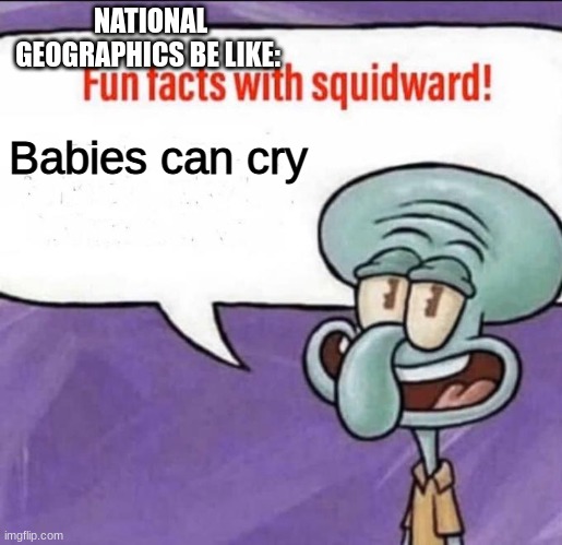 National Geographics | NATIONAL GEOGRAPHICS BE LIKE:; Babies can cry | image tagged in fun facts with squidward,national geographic,memes | made w/ Imgflip meme maker