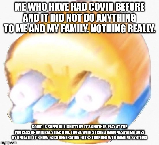 deep fried laughing | ME WHO HAVE HAD COVID BEFORE AND IT DID NOT DO ANYTHING TO ME AND MY FAMILY. NOTHING REALLY. COVID IS SHEER BULLSHITTERY. IT'S ANOTHER PLAY  | image tagged in deep fried laughing | made w/ Imgflip meme maker