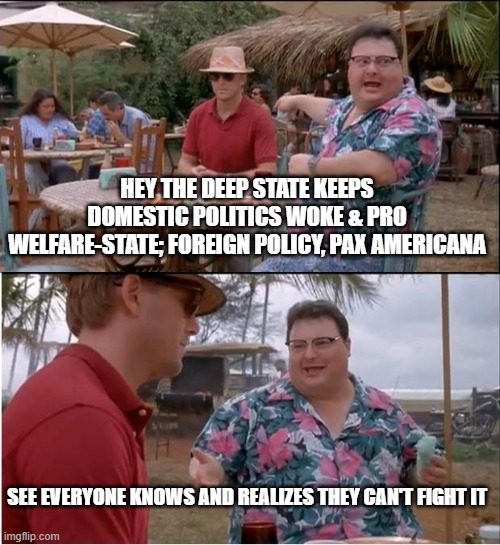 neo con | HEY THE DEEP STATE KEEPS DOMESTIC POLITICS WOKE & PRO WELFARE-STATE; FOREIGN POLICY, PAX AMERICANA; SEE EVERYONE KNOWS AND REALIZES THEY CAN'T FIGHT IT | image tagged in memes,see nobody cares | made w/ Imgflip meme maker