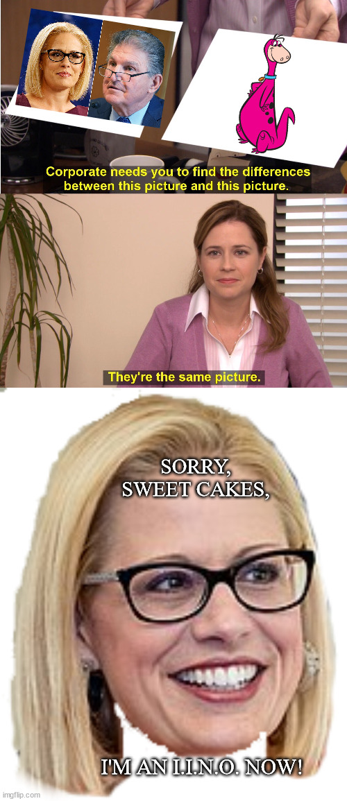 I'll vote for what gets me the most attention, and PAC $$$. | SORRY, SWEET CAKES, I'M AN I.I.N.O. NOW! | image tagged in they're the same picture,kyrsten sinema,the sinema show,sinema for sale | made w/ Imgflip meme maker