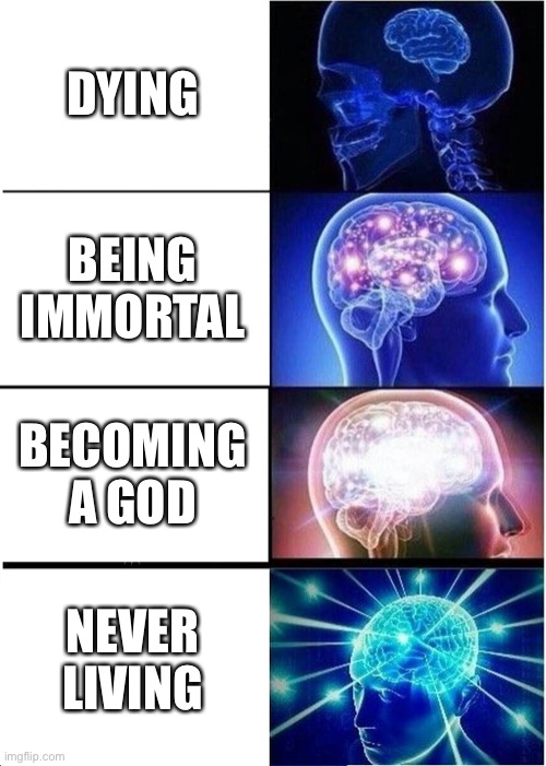 Life explained | DYING; BEING IMMORTAL; BECOMING A GOD; NEVER LIVING | image tagged in memes,expanding brain | made w/ Imgflip meme maker