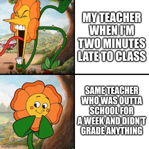 Teachers | MY TEACHER WHEN I'M TWO MINUTES LATE TO CLASS; SAME TEACHER WHO WAS OUTTA SCHOOL FOR A WEEK AND DIDN'T GRADE ANYTHING | image tagged in angry flower | made w/ Imgflip meme maker