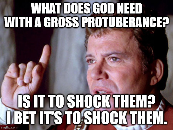 What does Leto need with a spaceship? | WHAT DOES GOD NEED WITH A GROSS PROTUBERANCE? IS IT TO SHOCK THEM? I BET IT'S TO SHOCK THEM. | image tagged in kirk god need a starship,dune,leto ii | made w/ Imgflip meme maker