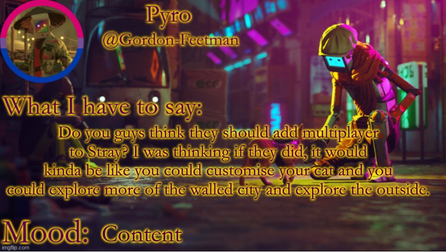 pyros stray temp | Do you guys think they should add multiplayer to Stray? I was thinking if they did, it would kinda be like you could customise your cat and you could explore more of the walled city and explore the outside. Content | image tagged in pyros stray temp | made w/ Imgflip meme maker