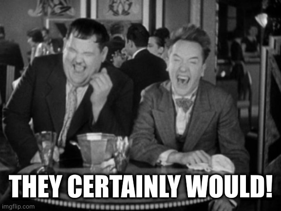Laurel Hardy laught | THEY CERTAINLY WOULD! | image tagged in laurel hardy laught | made w/ Imgflip meme maker
