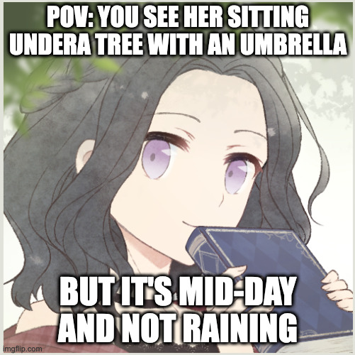 any rp is fine. no vehicle, bambi or joke oc's please | POV: YOU SEE HER SITTING UNDERA TREE WITH AN UMBRELLA; BUT IT'S MID-DAY AND NOT RAINING | image tagged in roleplaying | made w/ Imgflip meme maker