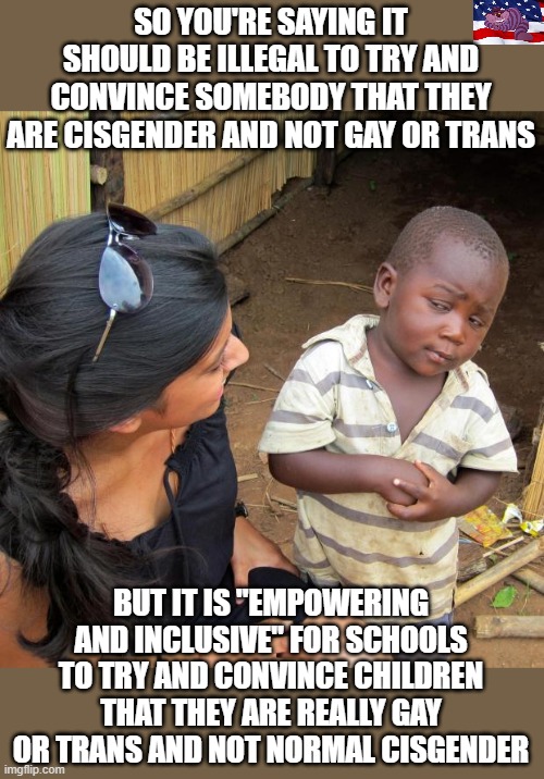 Are schools performing conversion therapy on children | SO YOU'RE SAYING IT SHOULD BE ILLEGAL TO TRY AND CONVINCE SOMEBODY THAT THEY ARE CISGENDER AND NOT GAY OR TRANS; BUT IT IS "EMPOWERING AND INCLUSIVE" FOR SCHOOLS TO TRY AND CONVINCE CHILDREN THAT THEY ARE REALLY GAY OR TRANS AND NOT NORMAL CISGENDER | image tagged in 3rd world sceptical child | made w/ Imgflip meme maker