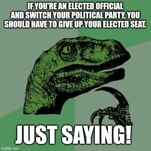 Philosoraptor Meme | IF YOU'RE AN ELECTED OFFICIAL AND SWITCH YOUR POLITICAL PARTY, YOU SHOULD HAVE TO GIVE UP YOUR ELECTED SEAT. JUST SAYING! | image tagged in memes,philosoraptor | made w/ Imgflip meme maker