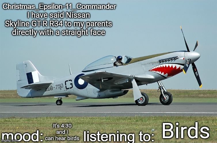 Christmas_Epsilon-11_Commander's CAC CA-18 announcement template | I have said Nissan Skyline GT-R R34 to my parents directly with a straight face; Birds; It's 4:30 and I can hear birds | image tagged in christmas_epsilon-11_commander's cac ca-18 announcement template | made w/ Imgflip meme maker