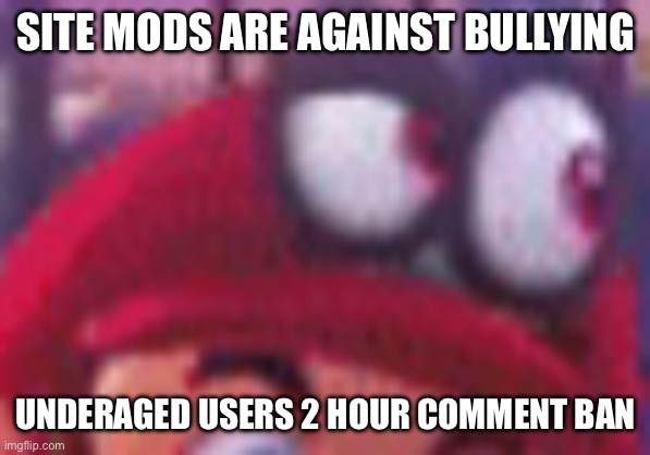 Cappy eyebrow | SITE MODS ARE AGAINST BULLYING; UNDERAGED USERS 2 HOUR COMMENT BAN | image tagged in cappy eyebrow | made w/ Imgflip meme maker