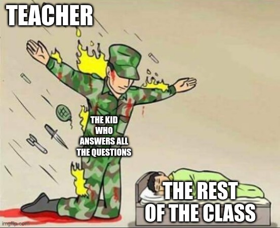 Soldier protecting sleeping child | TEACHER; THE KID WHO ANSWERS ALL THE QUESTIONS; THE REST OF THE CLASS | image tagged in soldier protecting sleeping child | made w/ Imgflip meme maker