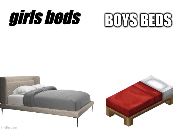 girls beds; BOYS BEDS | image tagged in bed | made w/ Imgflip meme maker