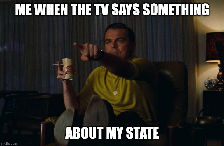 Man pointing at TV | ME WHEN THE TV SAYS SOMETHING; ABOUT MY STATE | image tagged in man pointing at tv | made w/ Imgflip meme maker