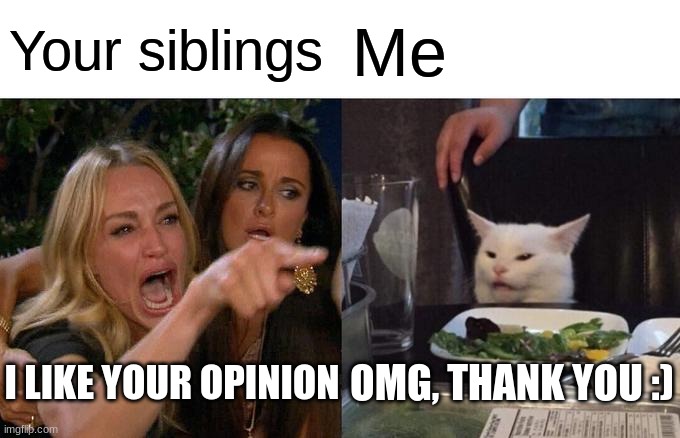 I like your opinion | Your siblings Me I LIKE YOUR OPINION OMG, THANK YOU :) | image tagged in memes,woman yelling at cat | made w/ Imgflip meme maker